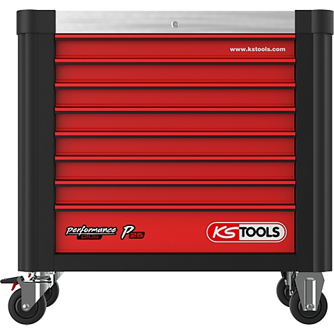 Roter Werkzeugschrank mit Rollen. Enthält mehrere Schubladen. Oben steht „www.kstools.com“. Auf der Vorderseite steht „KS TOOLS“.